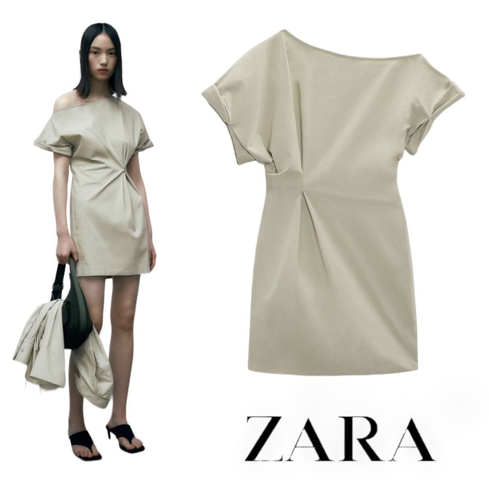 ZARA | Light Khaki | PLEATED ASYMMETRIC DRESS